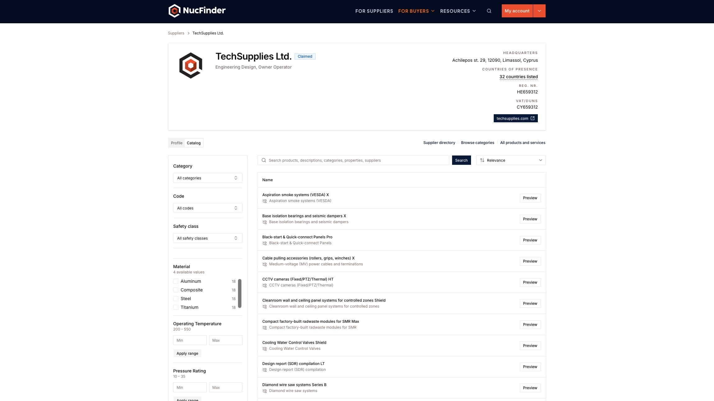 Supplier public profile with catalog filters and product listing