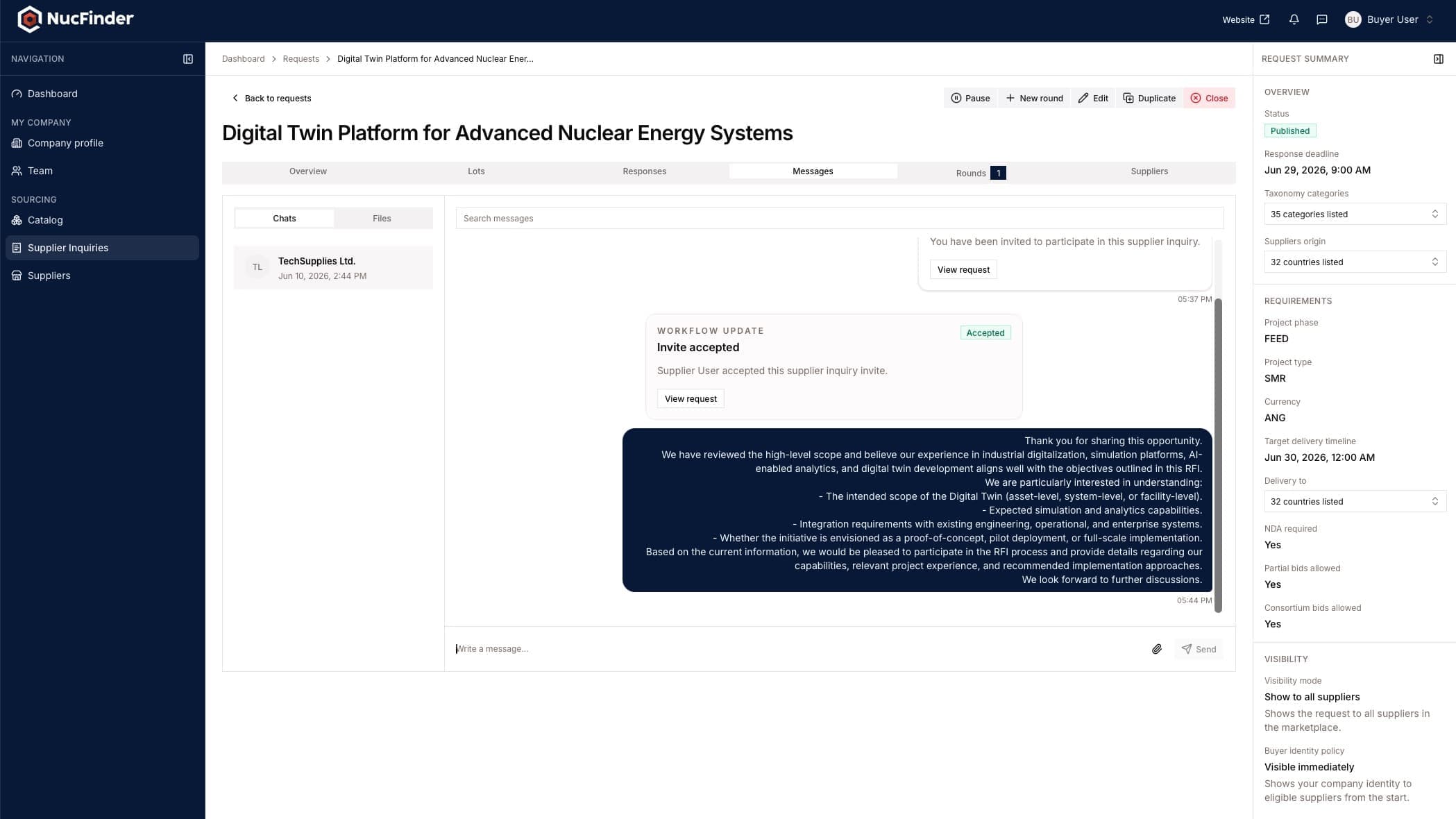 Supplier responding to a buyer inquiry in the request workspace